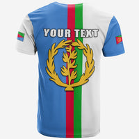 White and blue striped T-shirt back with laurel emblem and "YOUR TEXT"