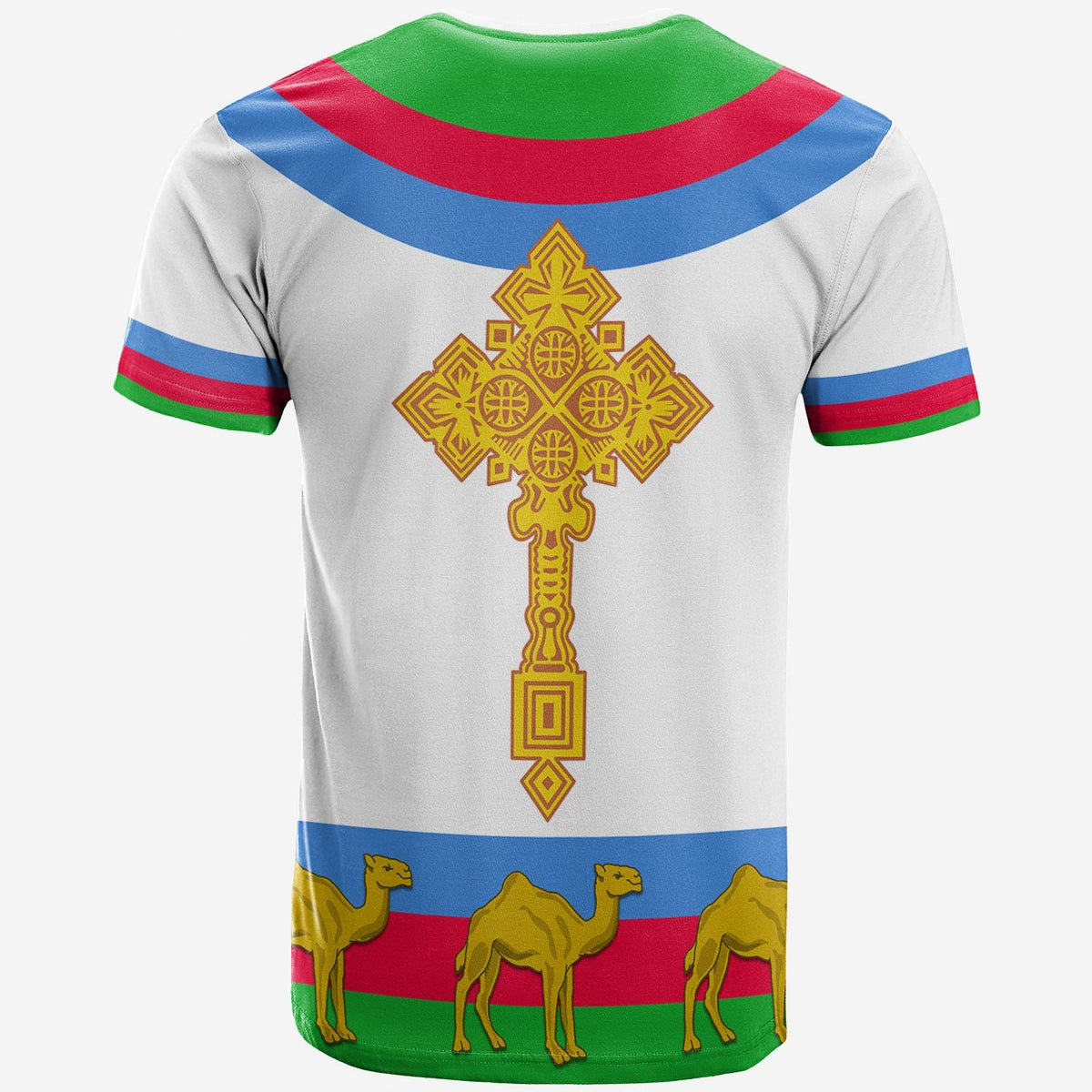 White T-shirt back view with Eritrea cross emblem, camel and flag stripe hem