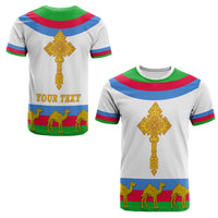 White T-shirt with Eritrea cross print, rainbow stripes, camels and YOUR TEXT