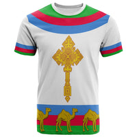 White T-shirt with Eritrea cross emblem, rainbow stripes, camels at hem
