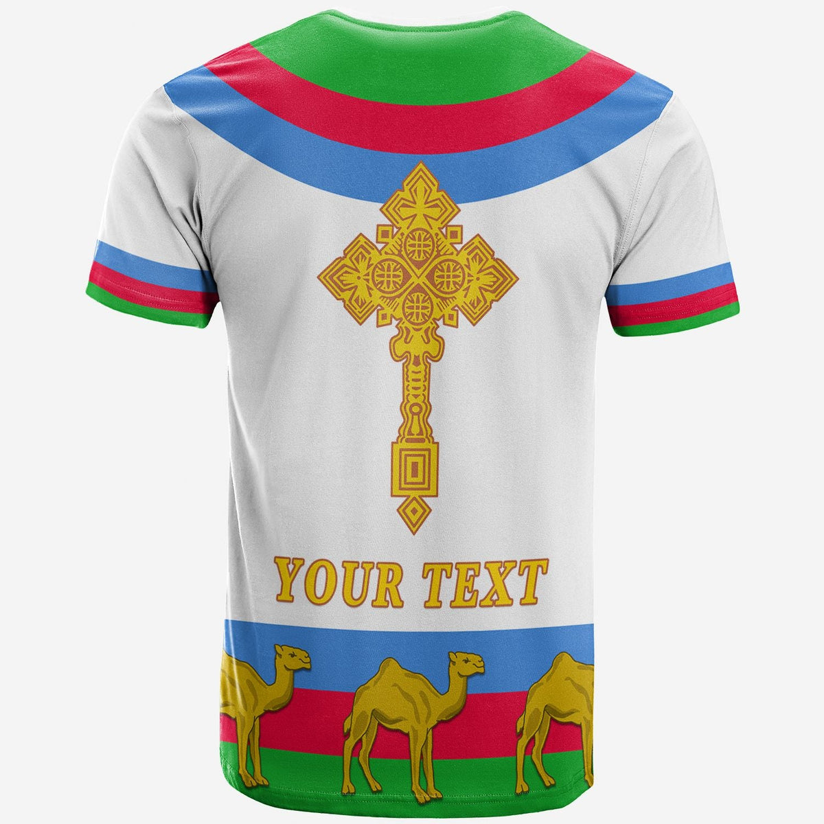 White T-shirt with Eritrea cross print and YOUR TEXT, rainbow stripes, camels