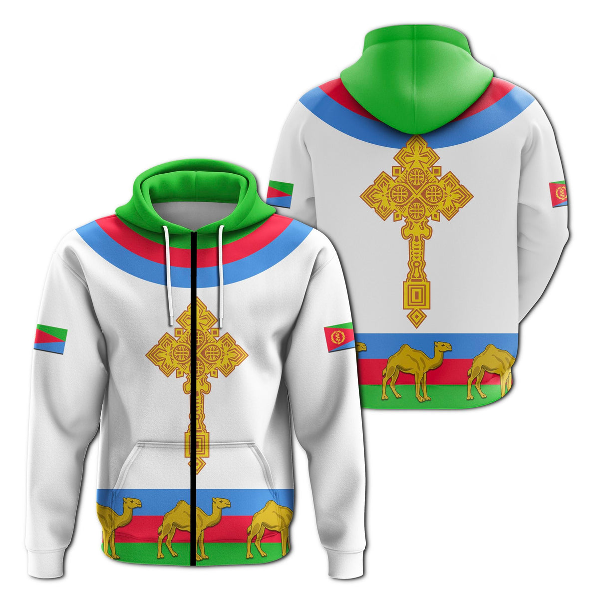 White zip hoodie, Eritrea cross emblem with camels; green hood and kangaroo pocket.