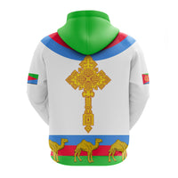 White zip hoodie back view with Eritrea cross emblem, camels band at hem, green hood.