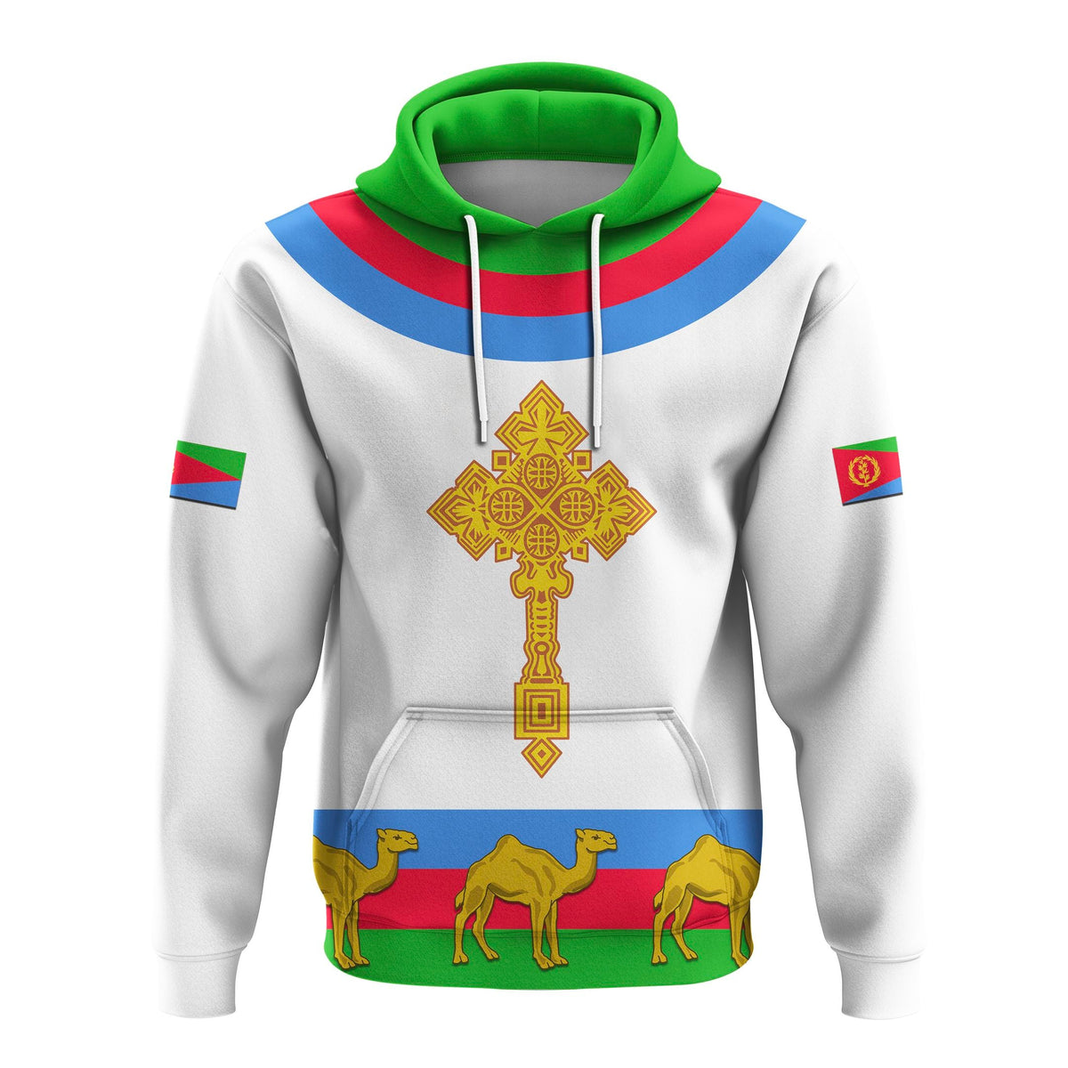 White pullover hoodie front view, green hood and drawstrings; cross emblem with camels