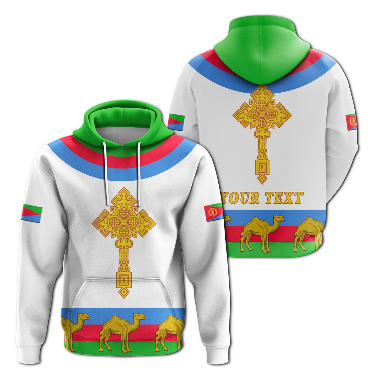 Weiße Hoodie mit grüner Kapuze, Eritrea-Kreuzflaggen-Design vorn und Ärmelpatch