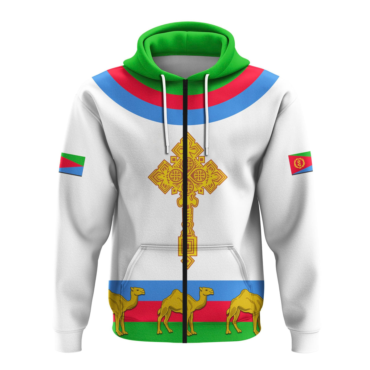White zip hoodie, green hood, Eritrea cross print with animals panel