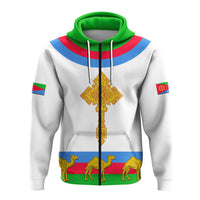White zip hoodie, green hood, Eritrea cross print with animals panel