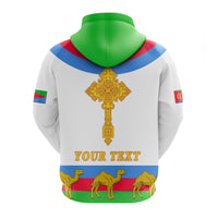 White zip hoodie back view, green hood, Eritrea cross and 'YOUR TEXT'