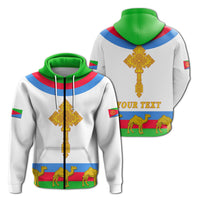 White zip hoodie, Eritrea cross flag print, 'YOUR TEXT' across front