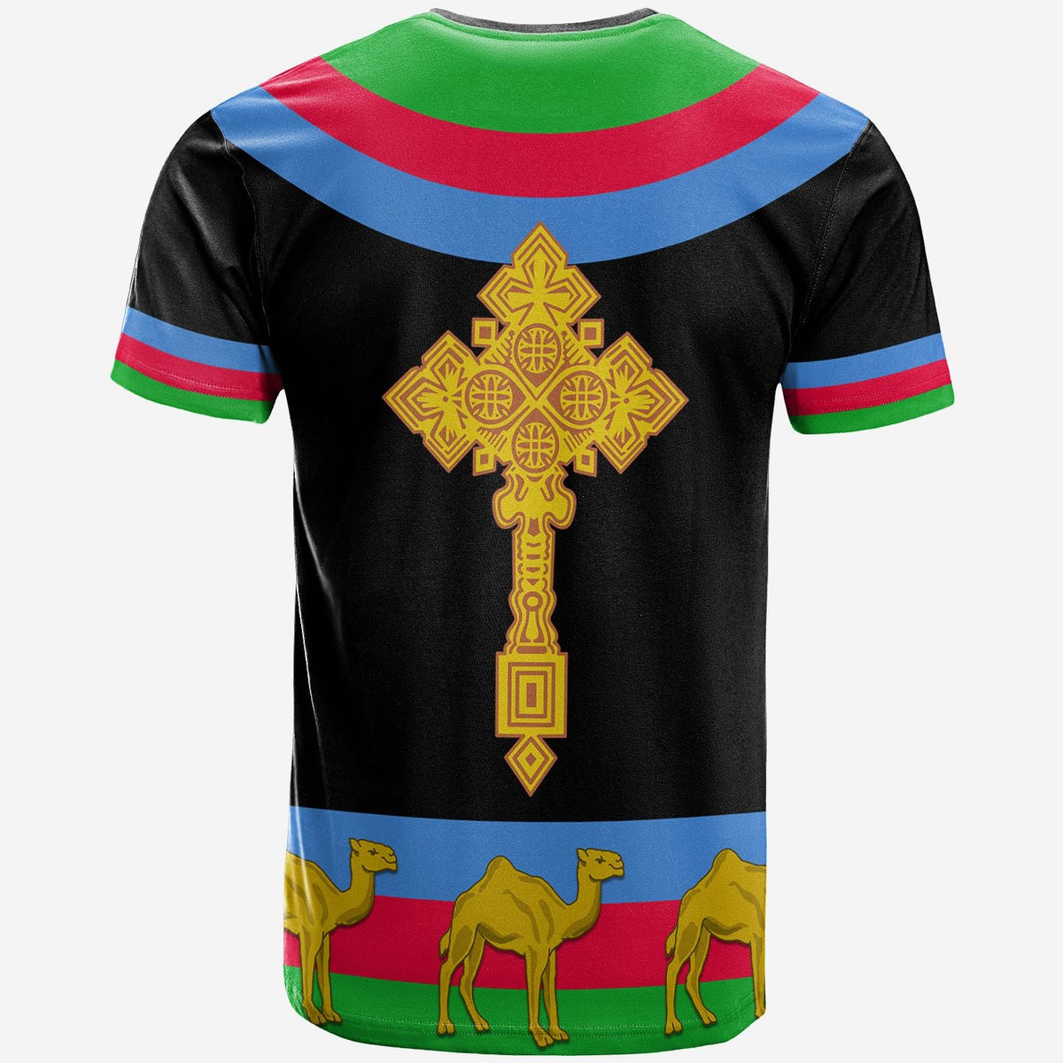 Back of black Eritrea flag T-shirt with gold cross emblem and camel stripe graphic