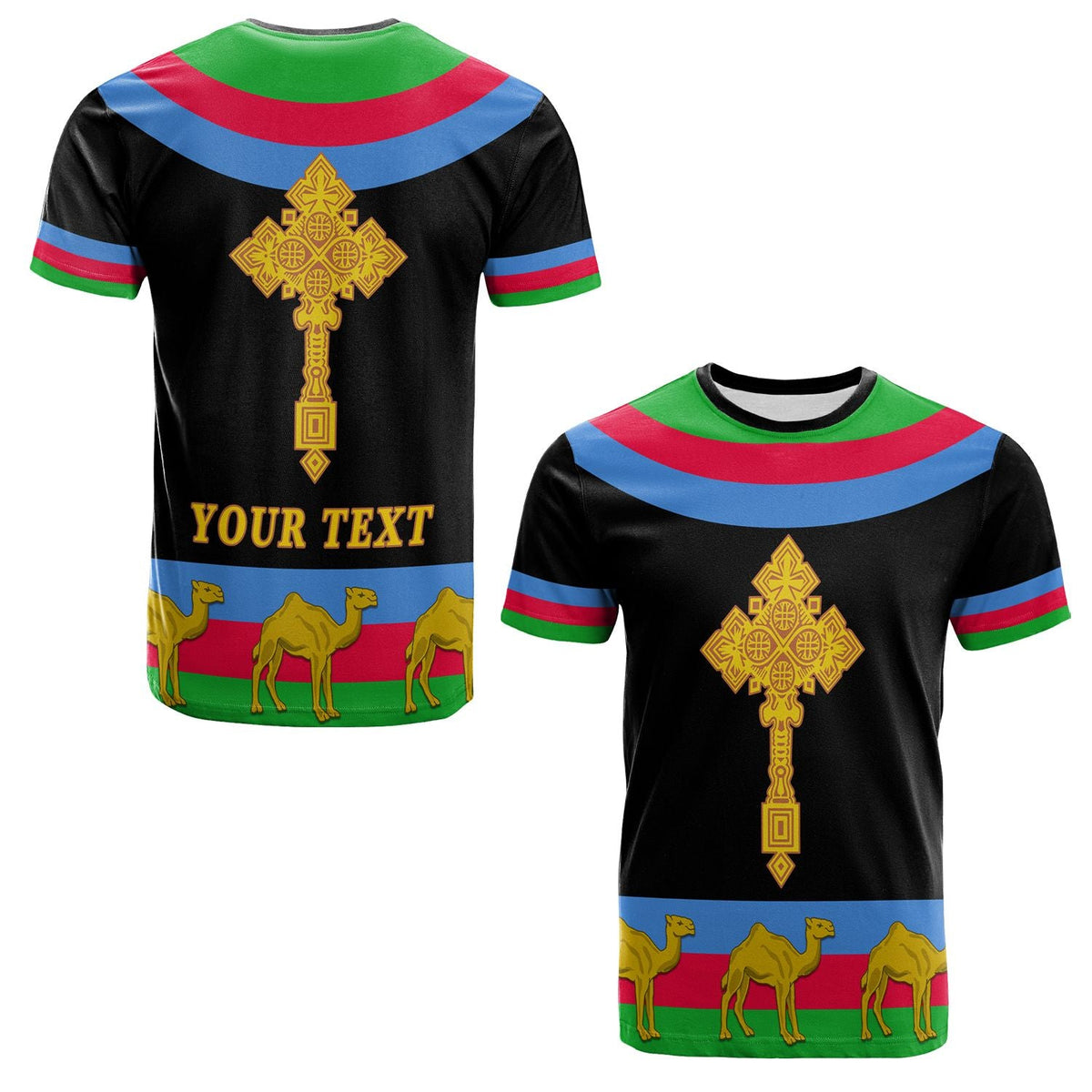 Black T-shirt with Eritrea cross flag graphic and 'YOUR TEXT' print