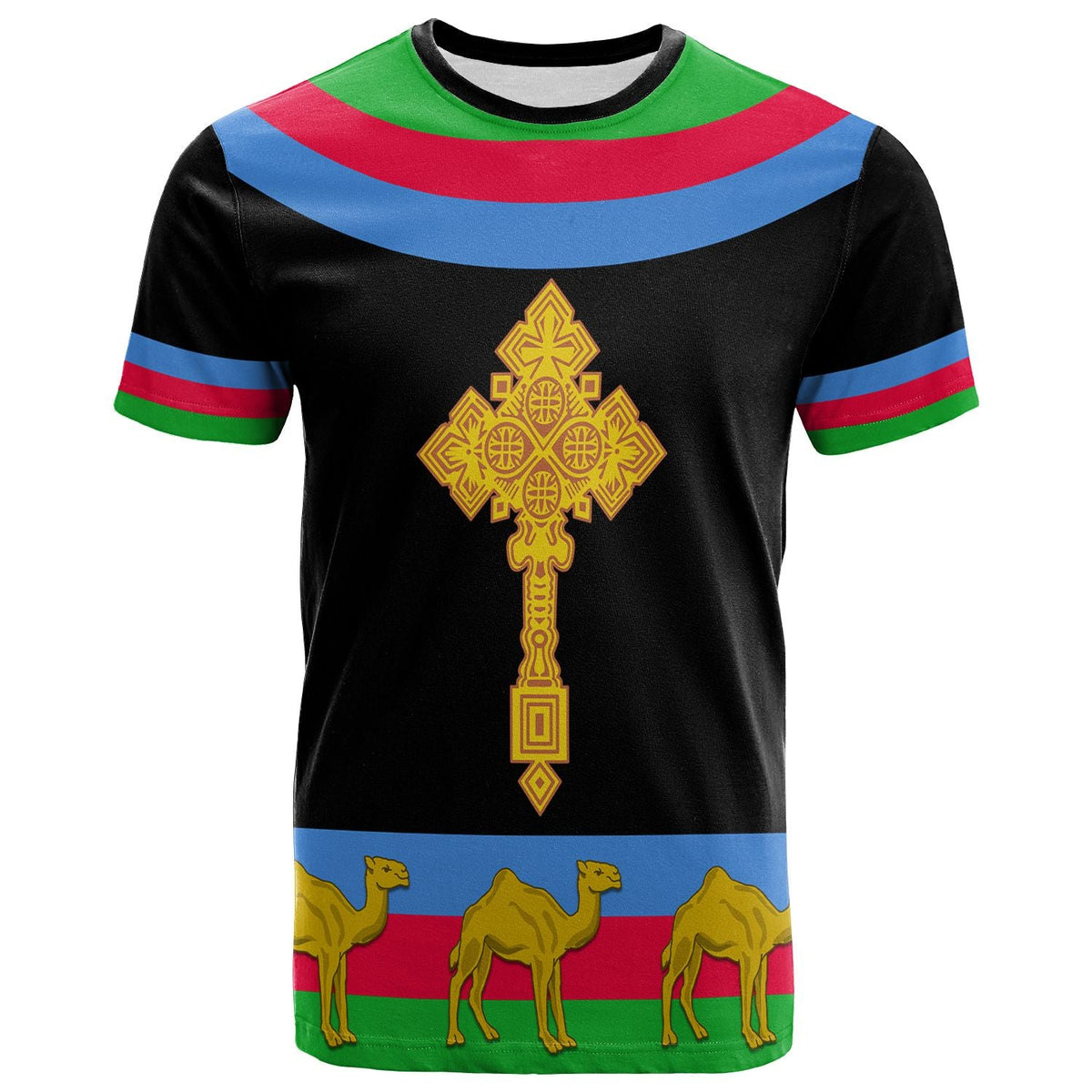 Black T-shirt with large gold cross emblem, Eritrea flag stripes, and camels
