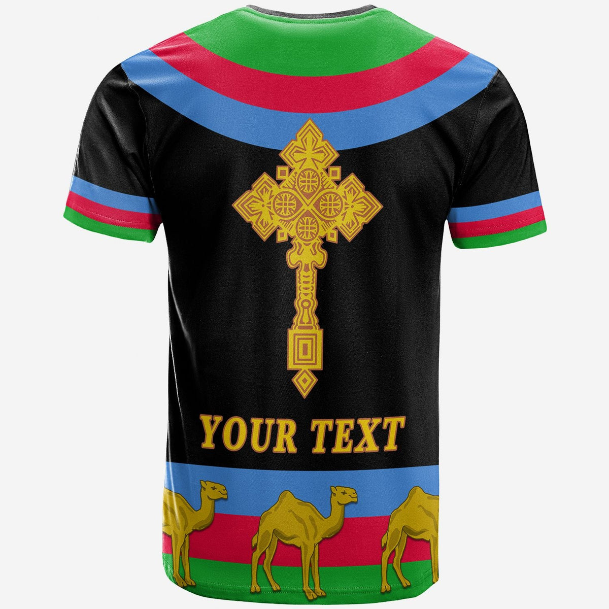 Black T-shirt back with YOUR TEXT and Eritrea flag stripes with camels