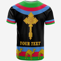 Black T-shirt back with YOUR TEXT and Eritrea flag stripes with camels
