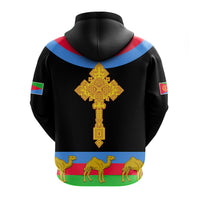 Black zip hoodie with Eritrea cross flag graphic, back view, hood outline visible