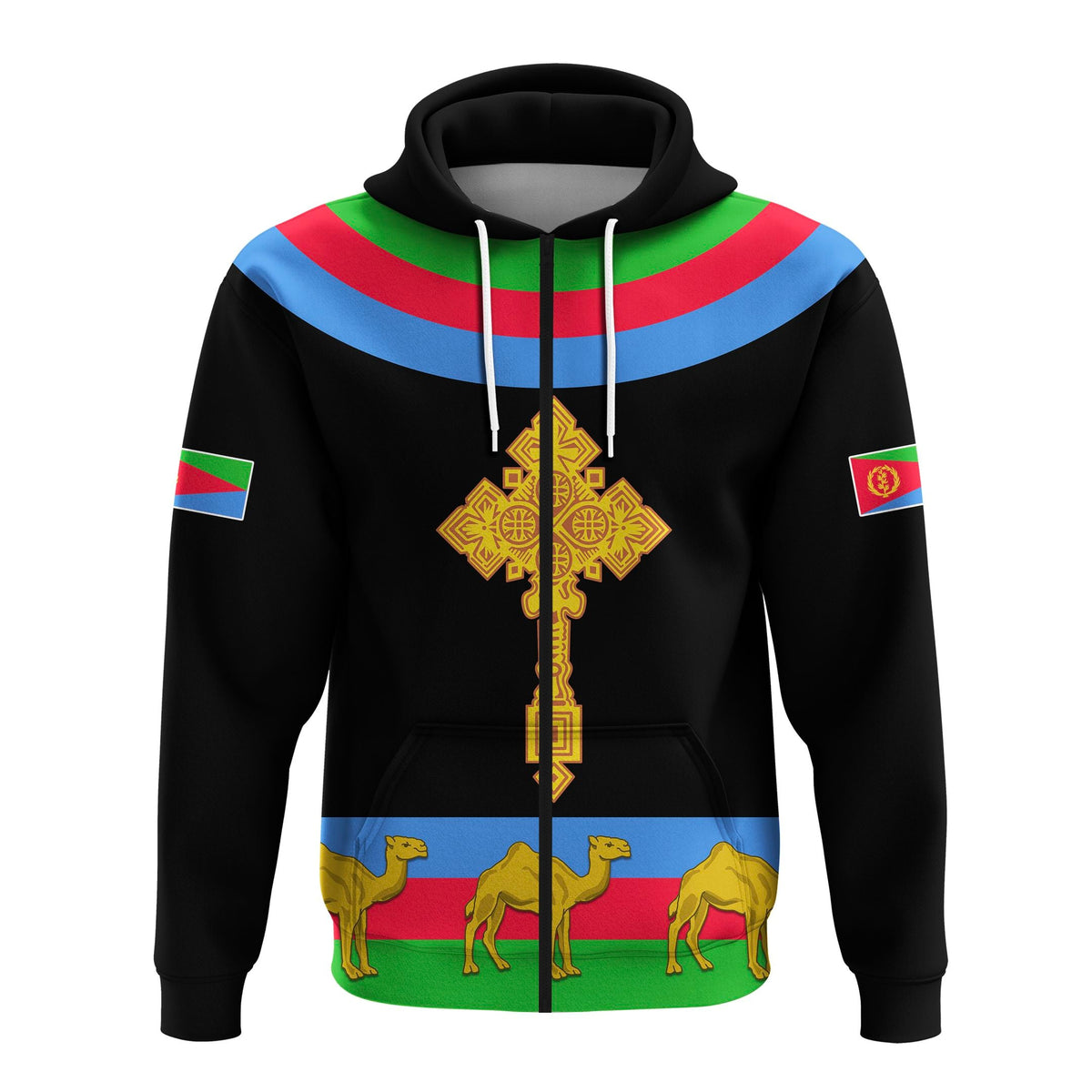 Black zip hoodie, Eritrea cross-flag camel graphic with drawstring hood front