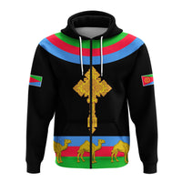 Black zip hoodie, Eritrea cross-flag camel graphic with drawstring hood front