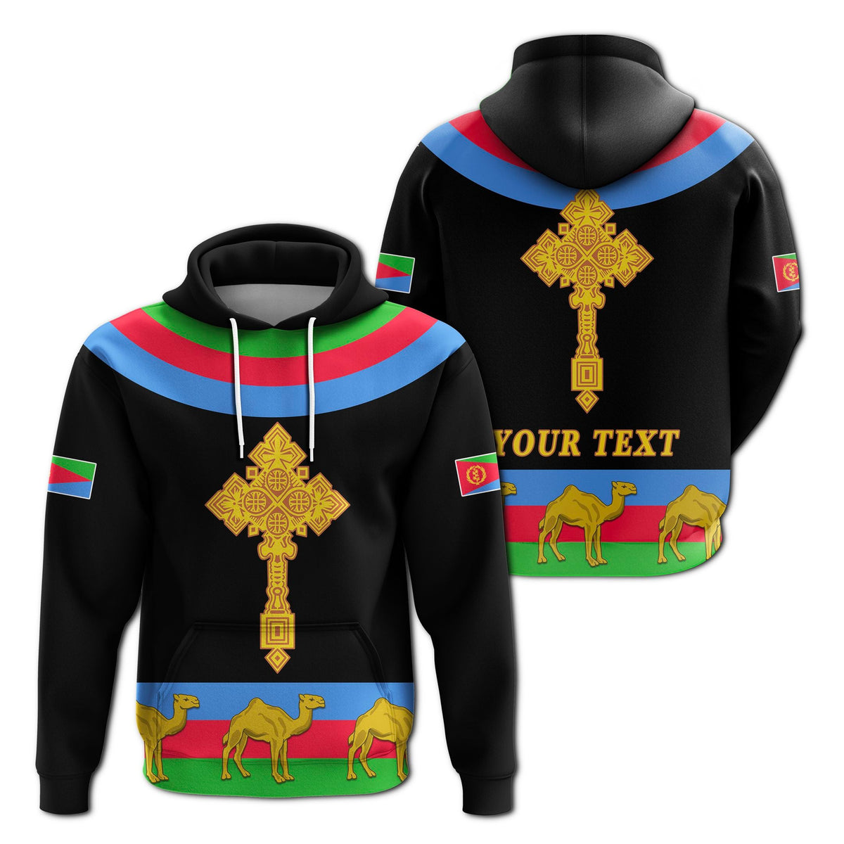 Black hoodie: Eritrea cross & camel flag graphic, hood with drawstrings, front
