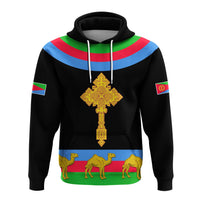 Black hoodie with Eritrea cross and camel flag design, hood drawstrings, sleeve flags