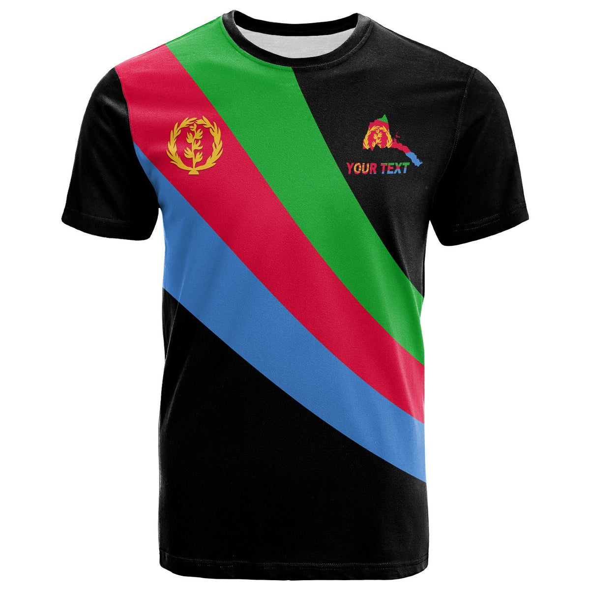 Black T-shirt with Eritrea flag print and “YOUR TEXT” on the front