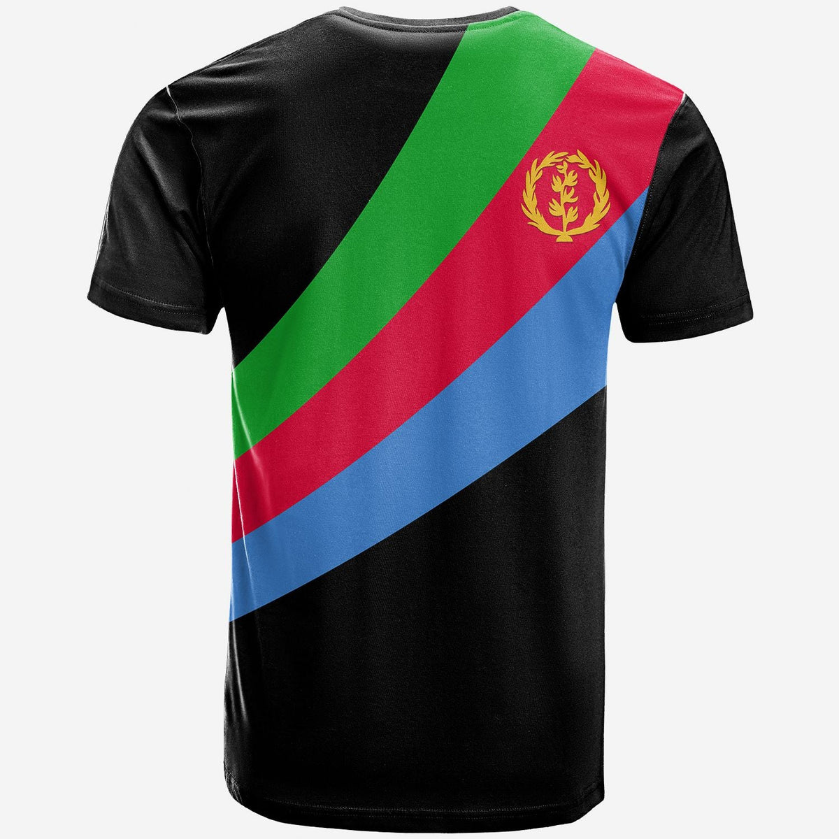 Black T-shirt with Eritrea flag print on the back, crest near upper right