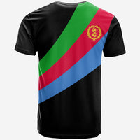 Black T-shirt with Eritrea flag print on the back, crest near upper right