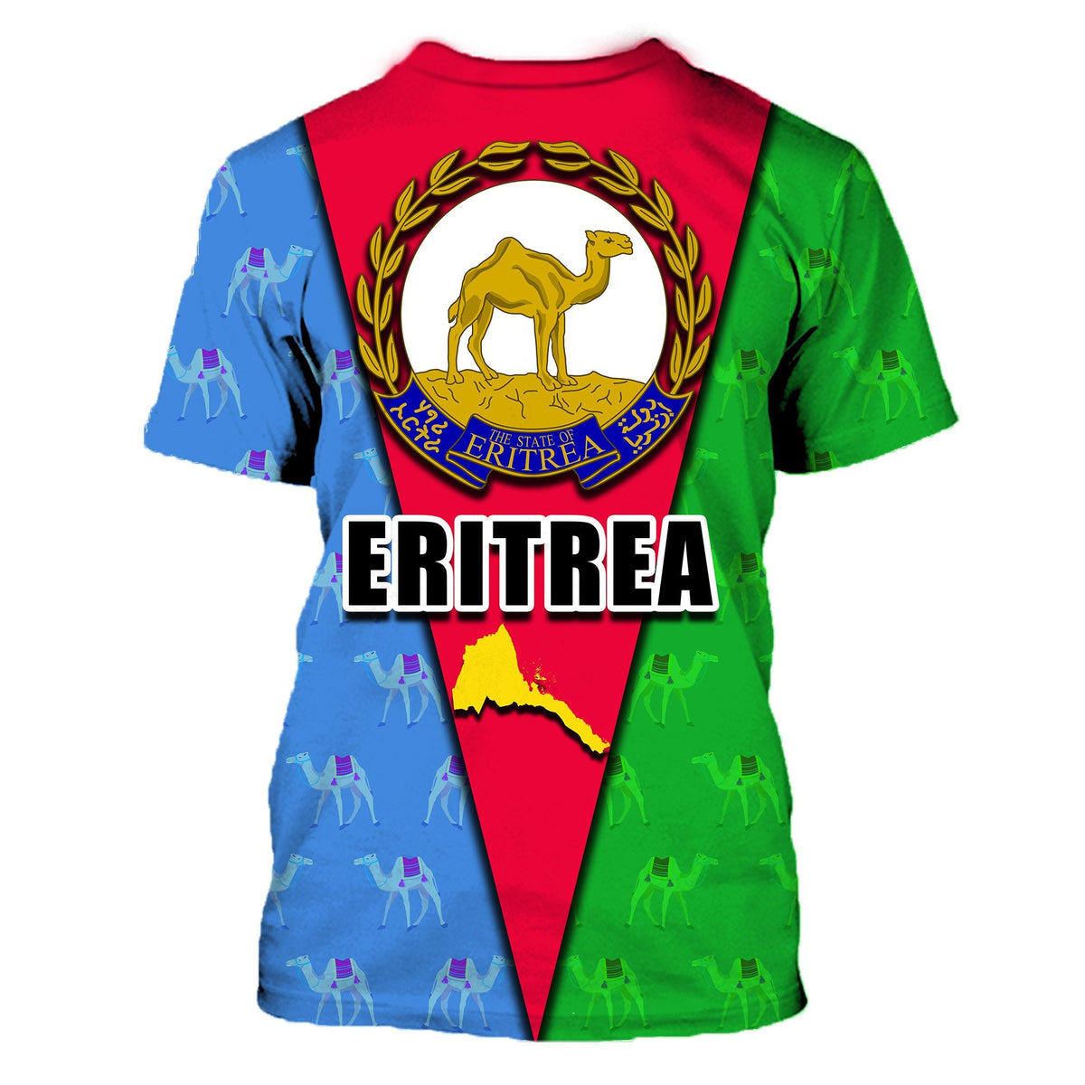 Eritrea flag T-shirt with camel inside white circle, ERITREA text, red/blue/green split