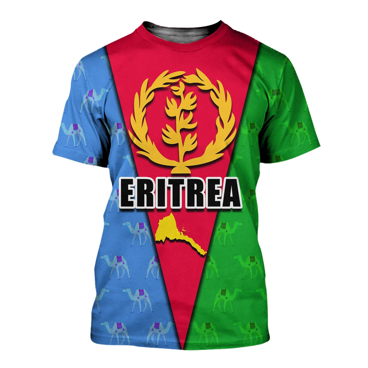 Eritrea flag T-shirt with gold wreath crest and ERITREA text on red/blue/green split