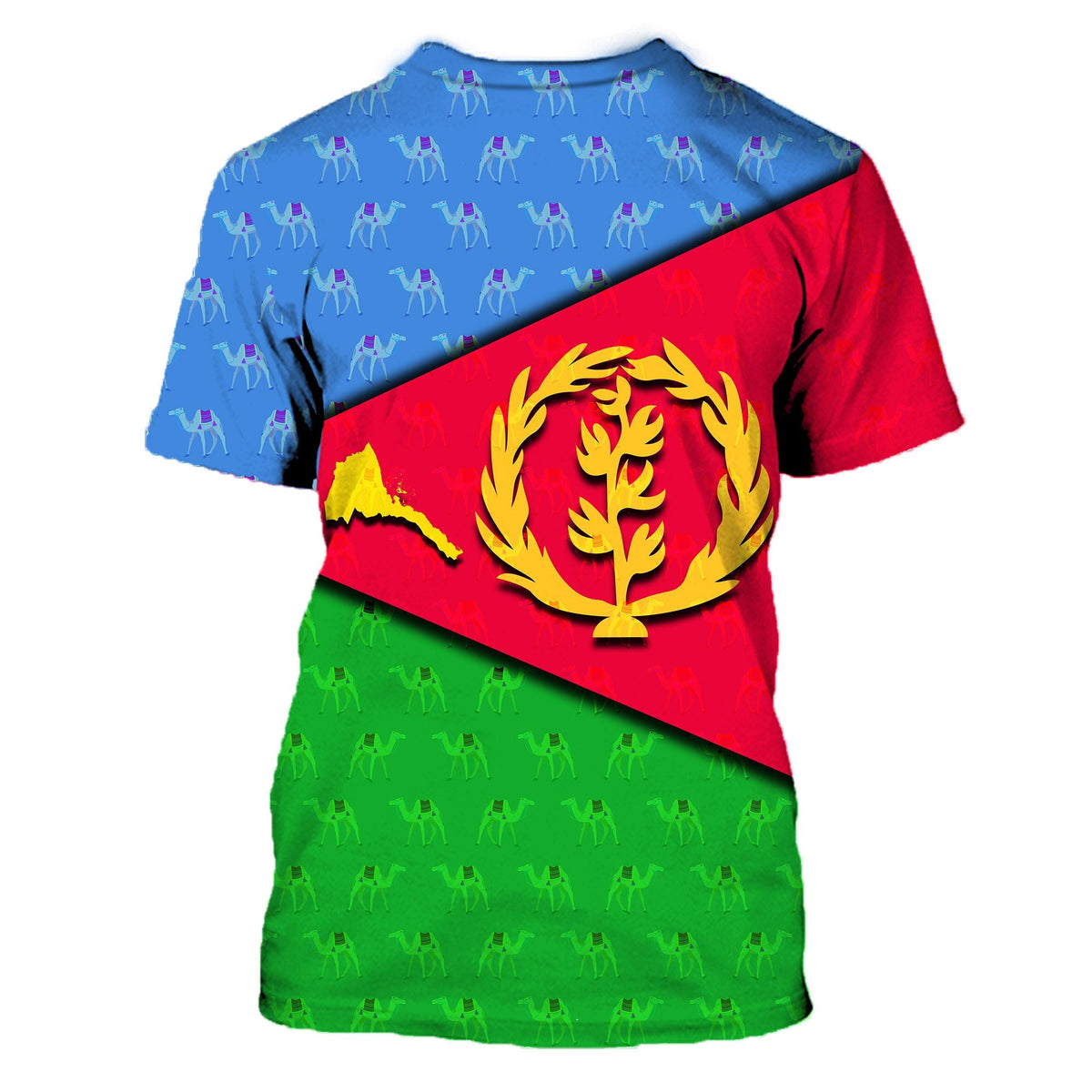 Eritrea flag T-shirt with large gold crest on red diagonal panel over blue/green