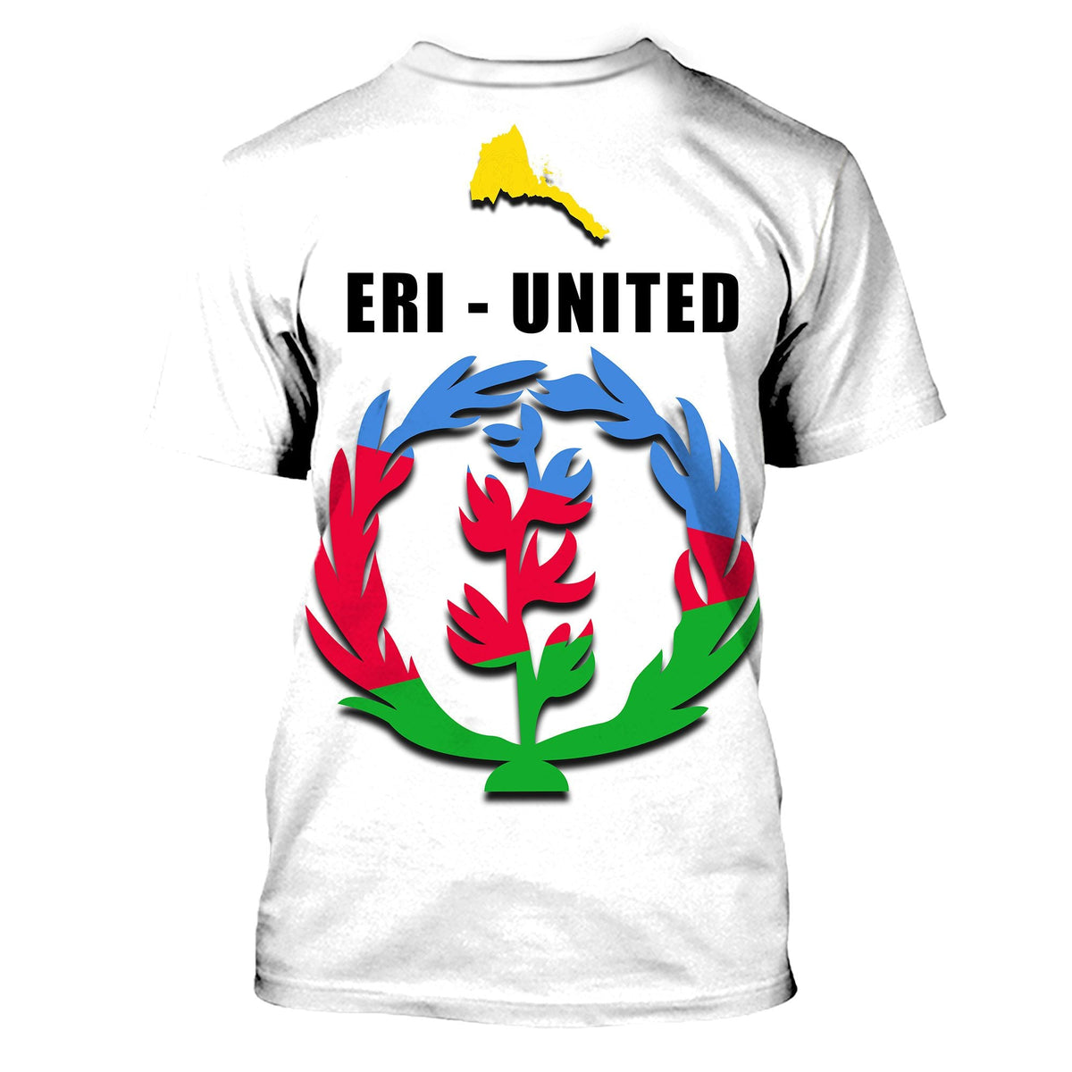 White T-shirt with 'ERI - UNITED' Eritrea flag circle emblem and yellow map accent