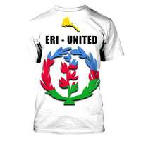 White T-shirt with 'ERI - UNITED' Eritrea flag circle emblem and yellow map accent