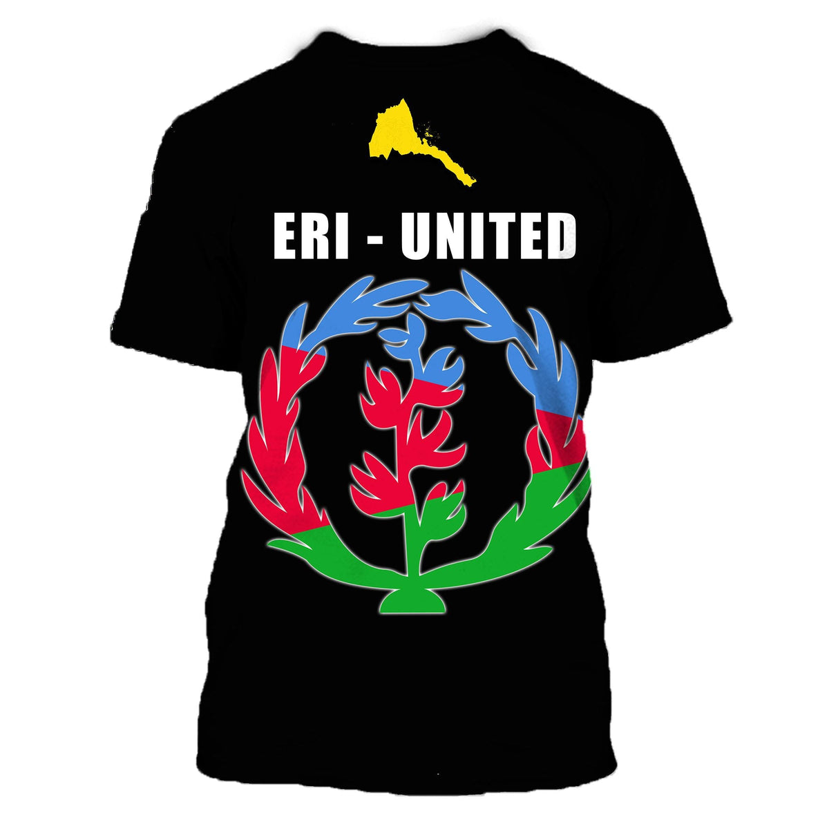 Black Eritrea T-shirt, back print: ERI-UNITED with globe wreath