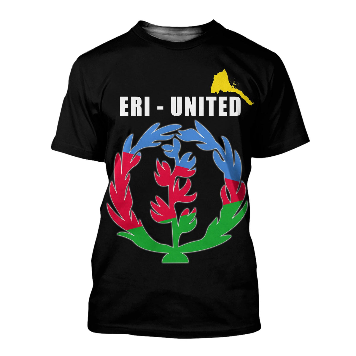 Black Eritrea T-shirt, front print: ERI-UNITED with globe wreath