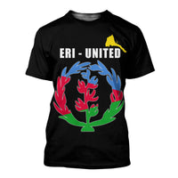 Black Eritrea T-shirt, front print: ERI-UNITED with globe wreath