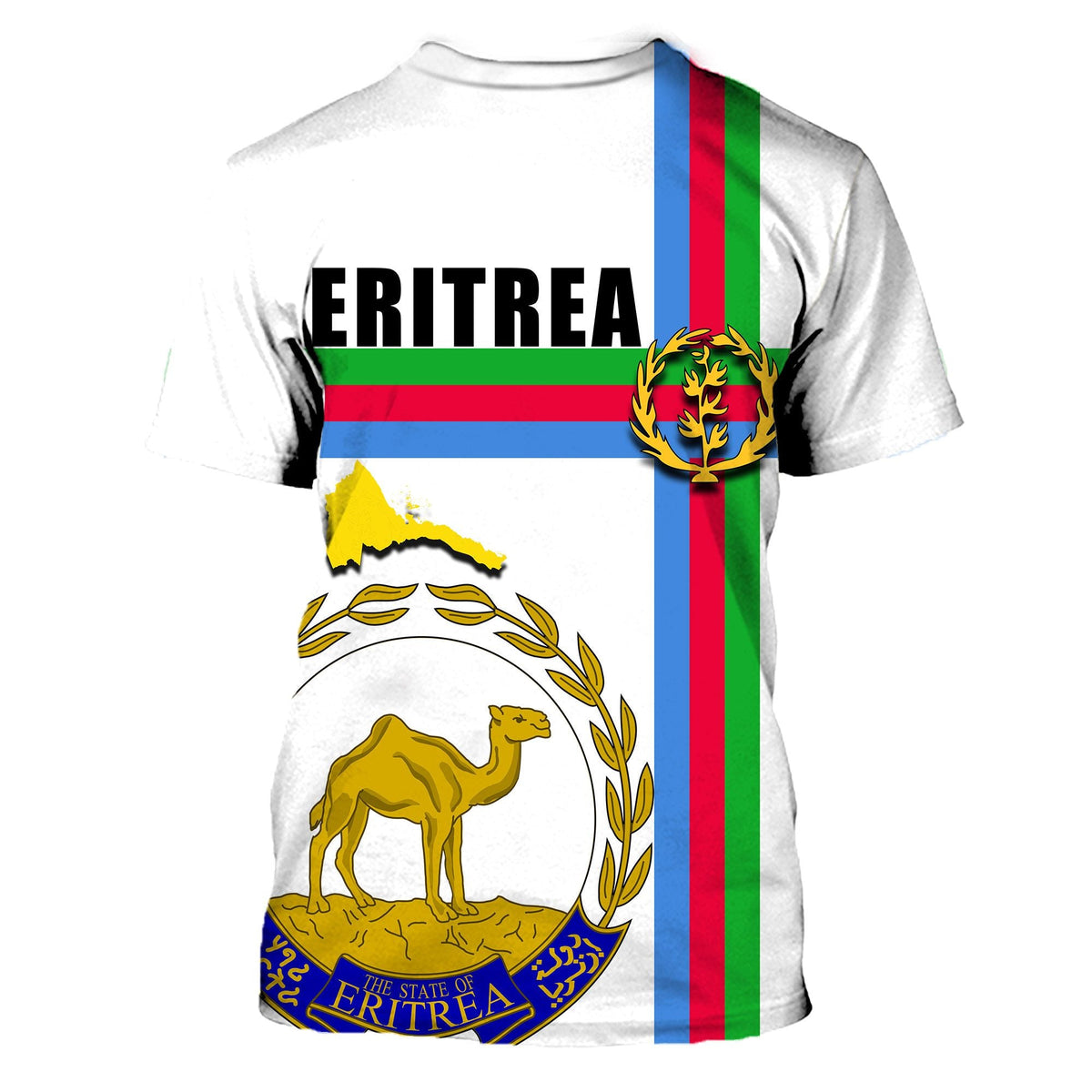 White Eritrea T-shirt back print with crest, ERITREA title, and flag stripes