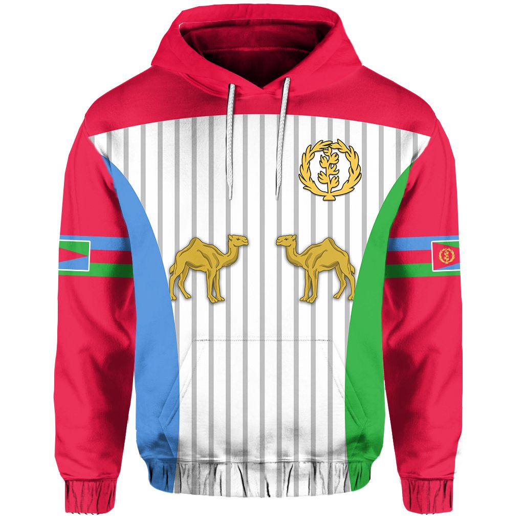 Red pullover hoodie with Eritrea flag stripes, gold emblems, and drawstring hood