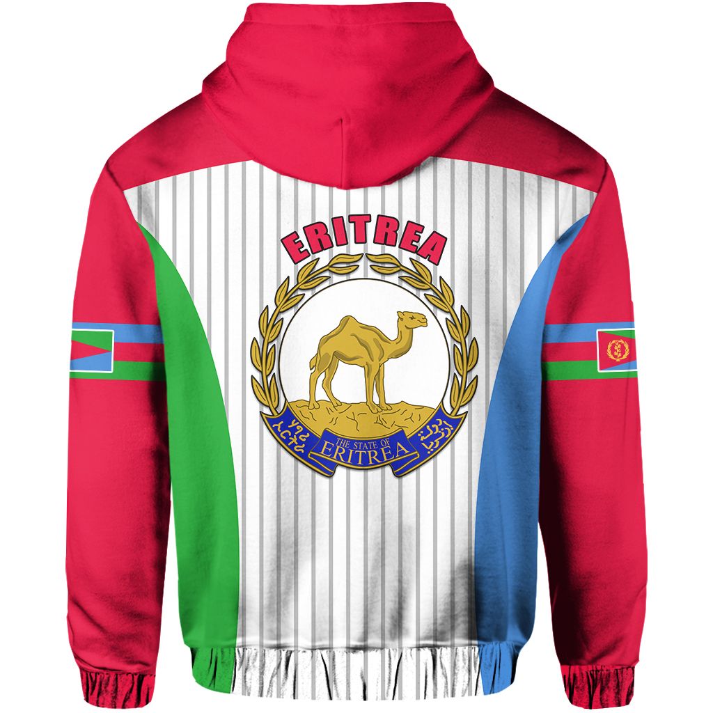 Back view red pullover hoodie with Eritrea crest and striped flag panels at sides
