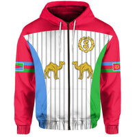 Red zip hoodie with Eritrea flag stripes, lion emblem, and front zipper