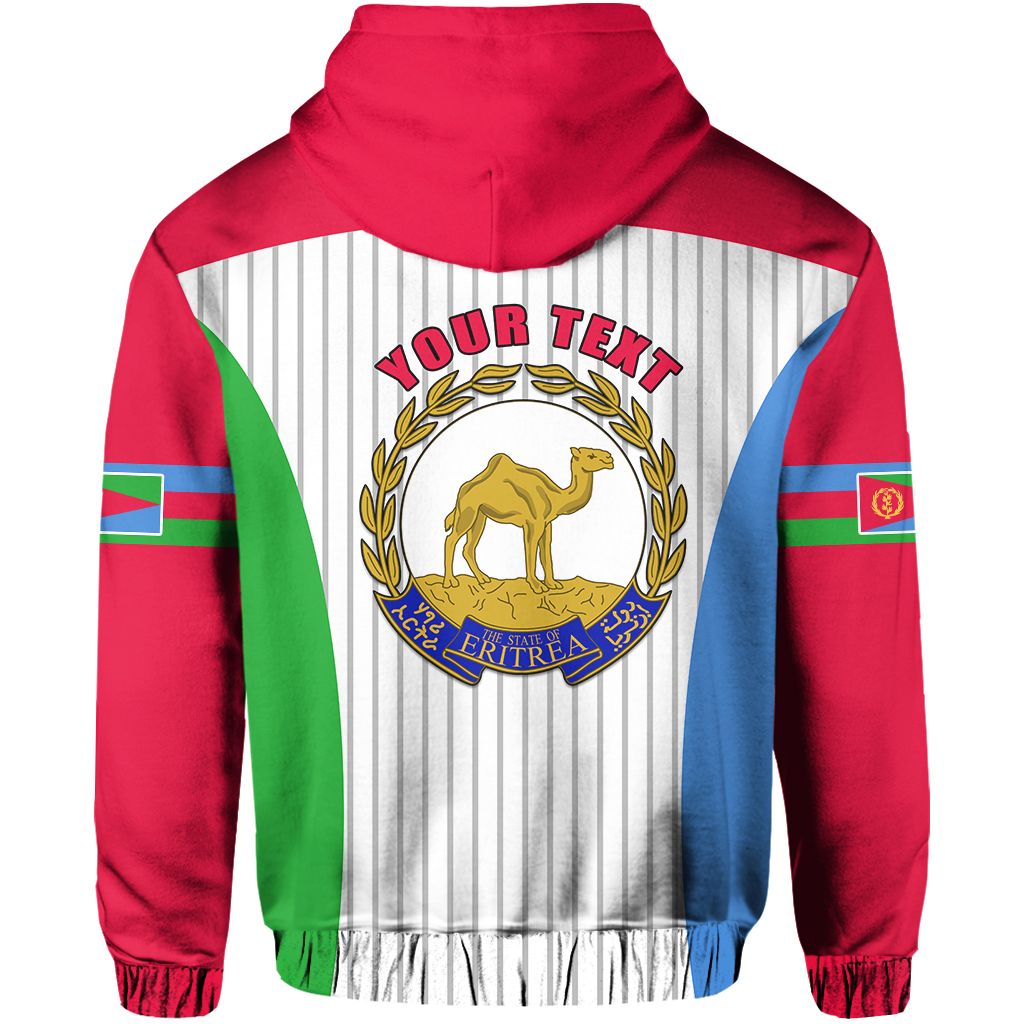 Red pullover hoodie back: “YOUR TEXT” crest with laurel on striped panel and flag sides