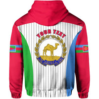 Red pullover hoodie back: “YOUR TEXT” crest with laurel on striped panel and flag sides