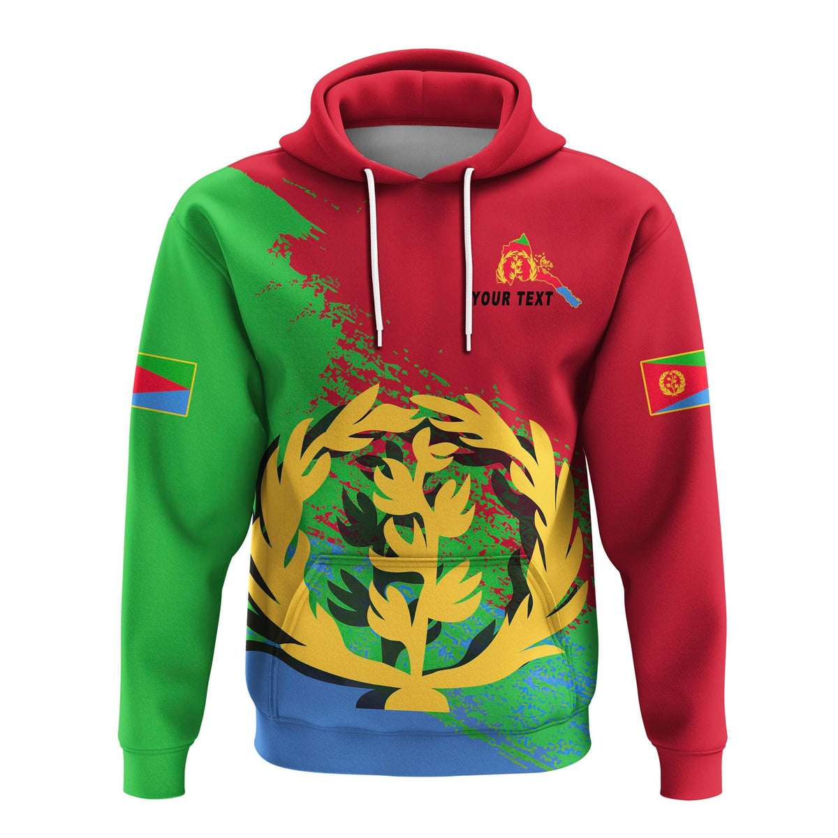 Eritrea pullover hoodie, red body with green sleeves, flag patches and tree graphic