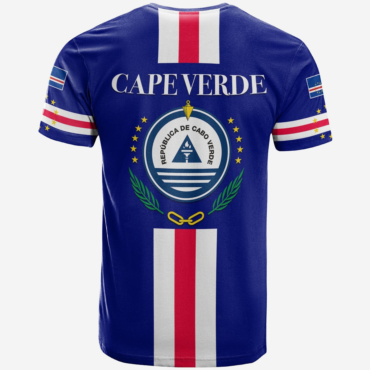 Blue Cape Verde T-shirt back with CAPE VERDE text, large crest, and red/white stripe