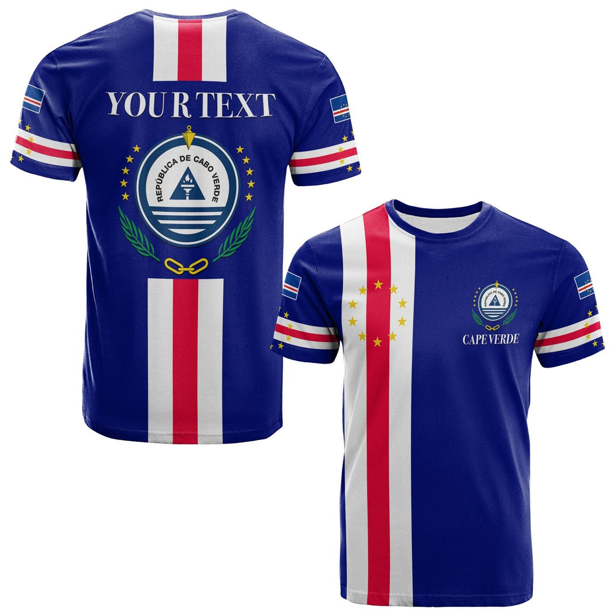 Custom blue T-shirt with vertical Cape Verde flag stripes and crest on back