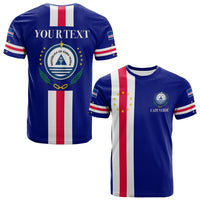Custom blue T-shirt with vertical Cape Verde flag stripes and crest on back
