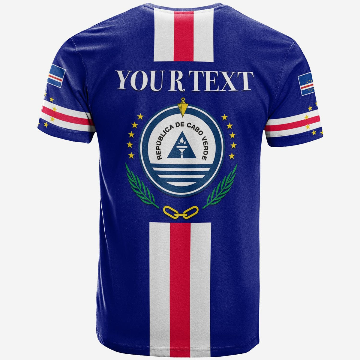 Blue T-shirt back with YOUR TEXT and Cape Verde crest over flag stripes