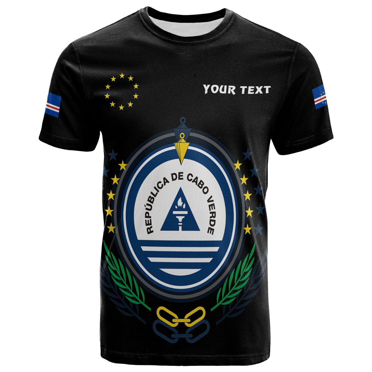 Black T‑shirt with Cape Verde crest and flag sleeve stripes, custom text area