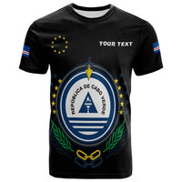 Black T‑shirt with Cape Verde crest and flag sleeve stripes, custom text area