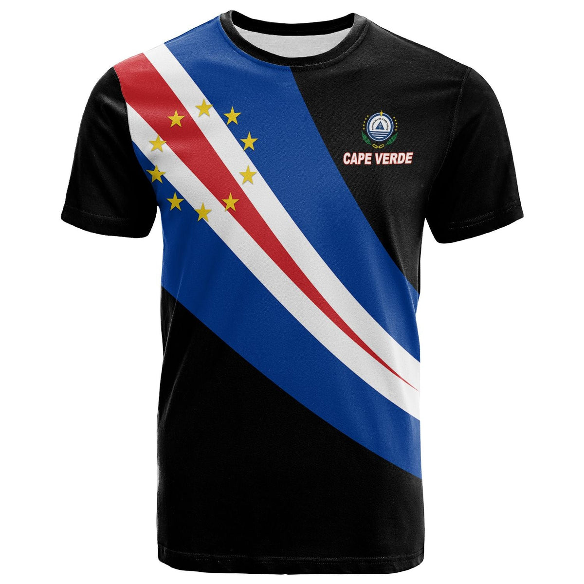 Black T-shirt with Cape Verde flag diagonal graphic and small crest on chest