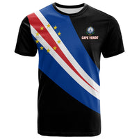 Black T-shirt with Cape Verde flag diagonal graphic and small crest on chest