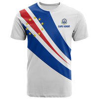 White T-shirt with Cape Verde flag diagonal stripes graphic, front view